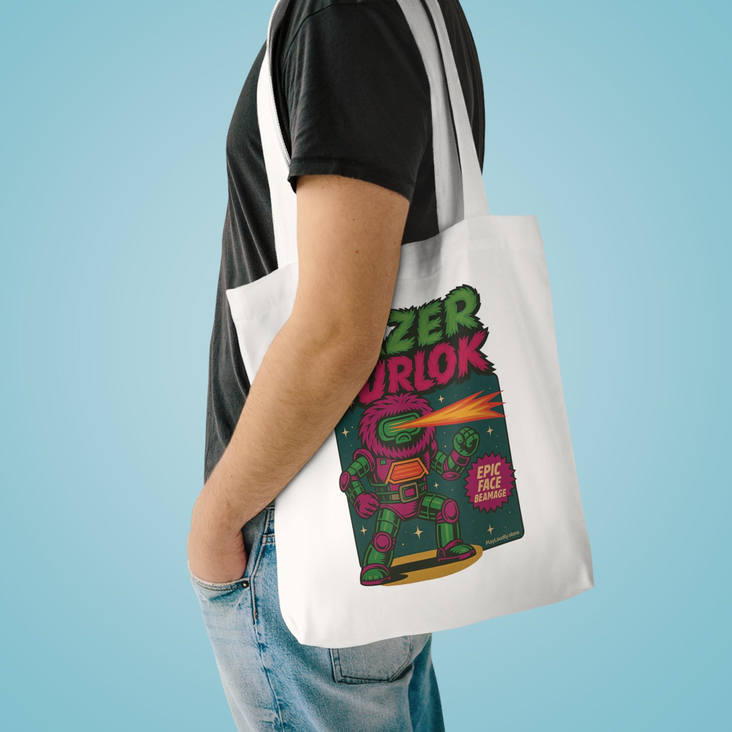 Lazer Furlok Cotton Tote Bag | Epic Face Beamage Tote for Toy Hunts, Gamers, Shopping, Travel, Cosplay, Gift
