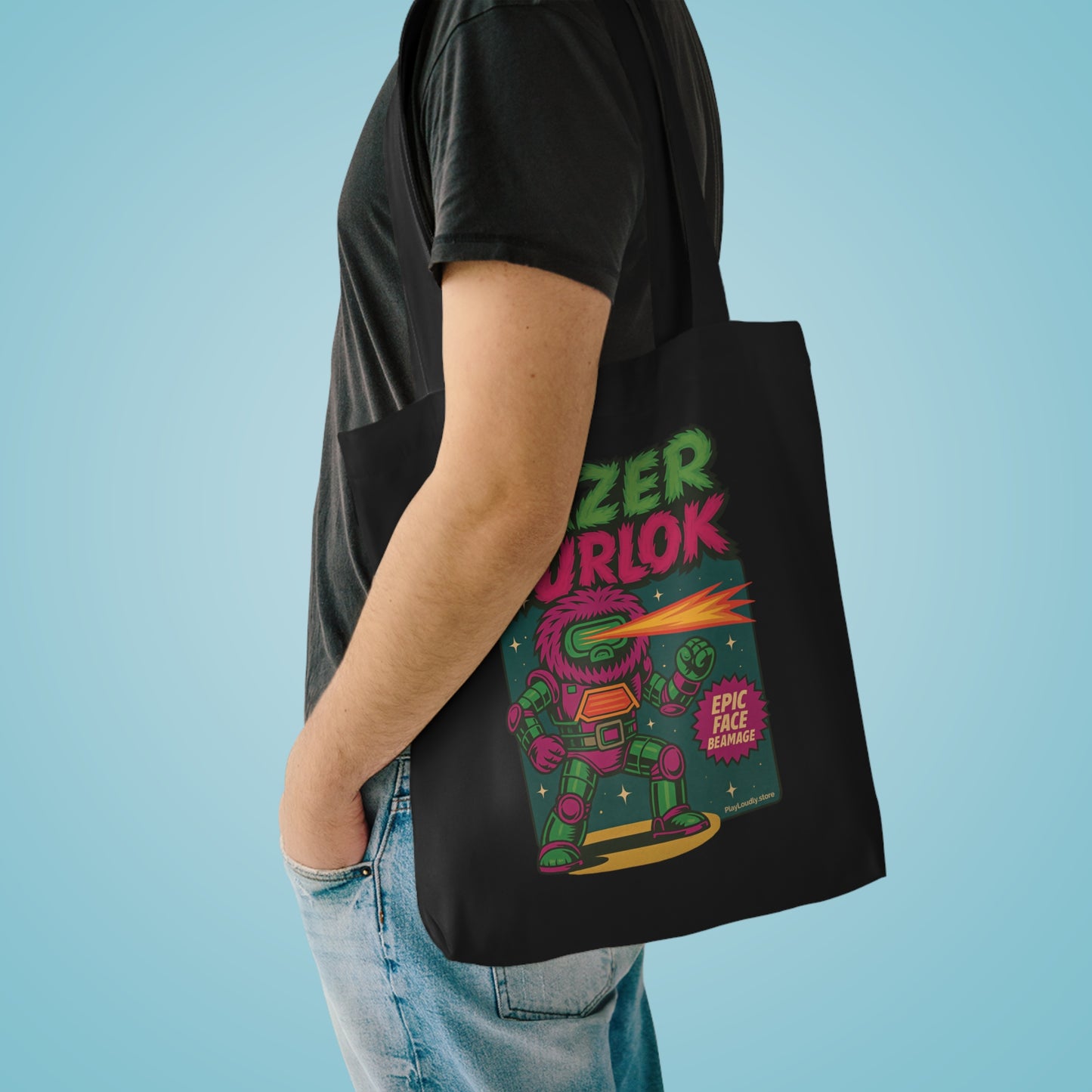 Lazer Furlok Cotton Tote Bag | Epic Face Beamage Tote for Toy Hunts, Gamers, Shopping, Travel, Cosplay, Gift