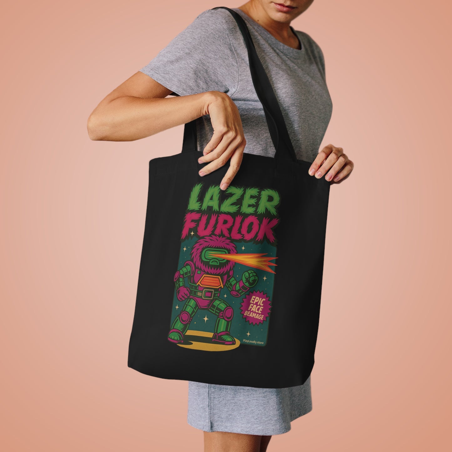 Lazer Furlok Cotton Tote Bag | Epic Face Beamage Tote for Toy Hunts, Gamers, Shopping, Travel, Cosplay, Gift