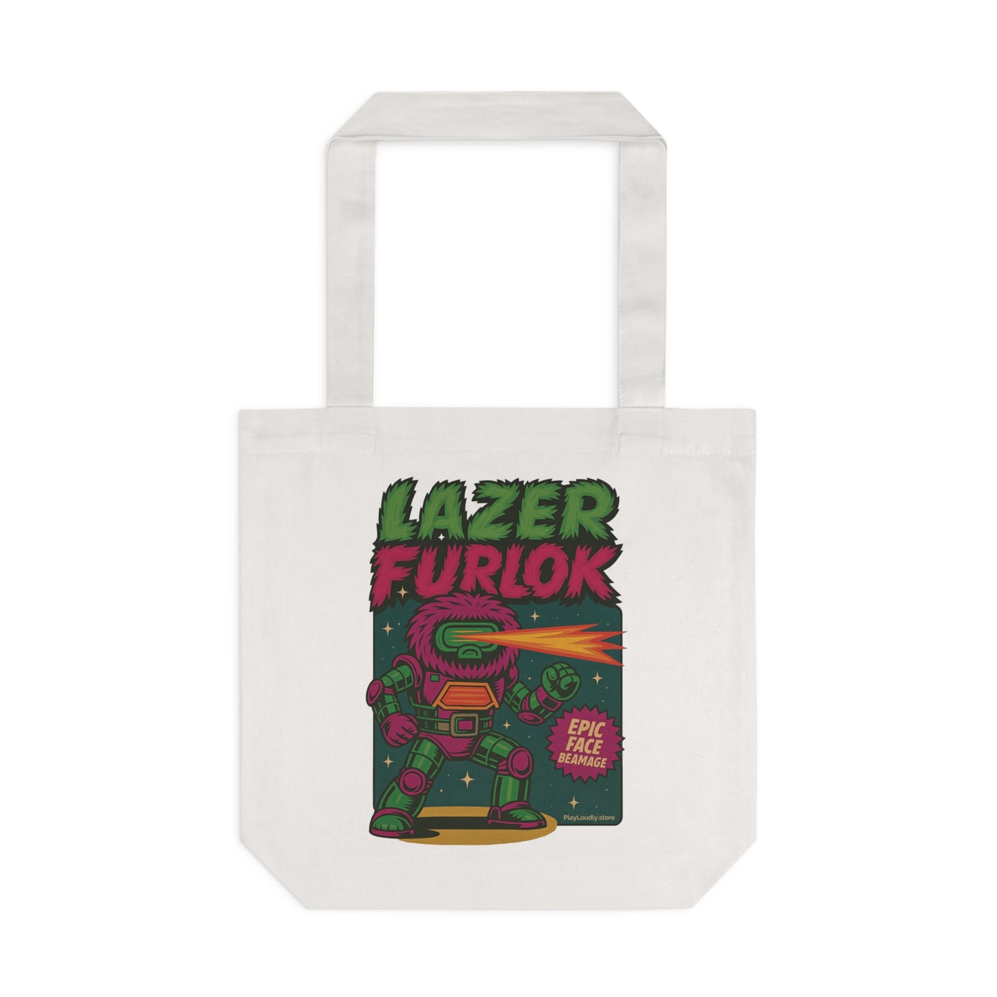 Lazer Furlok Cotton Tote Bag | Epic Face Beamage Tote for Toy Hunts, Gamers, Shopping, Travel, Cosplay, Gift