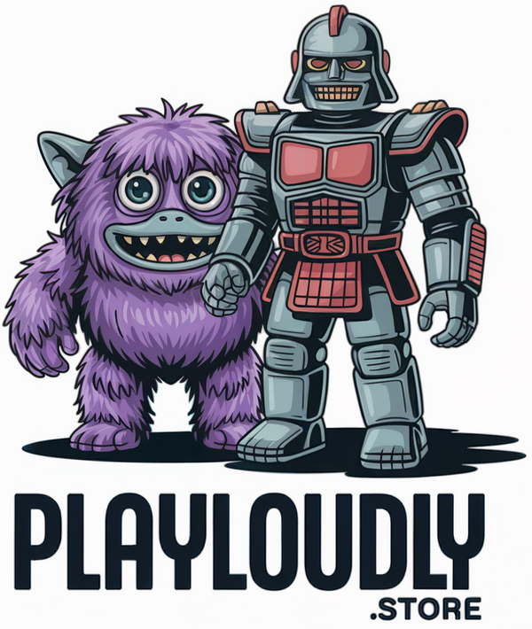 Cartoon character and robot standing next to each other with 'Playloudly' branding below.